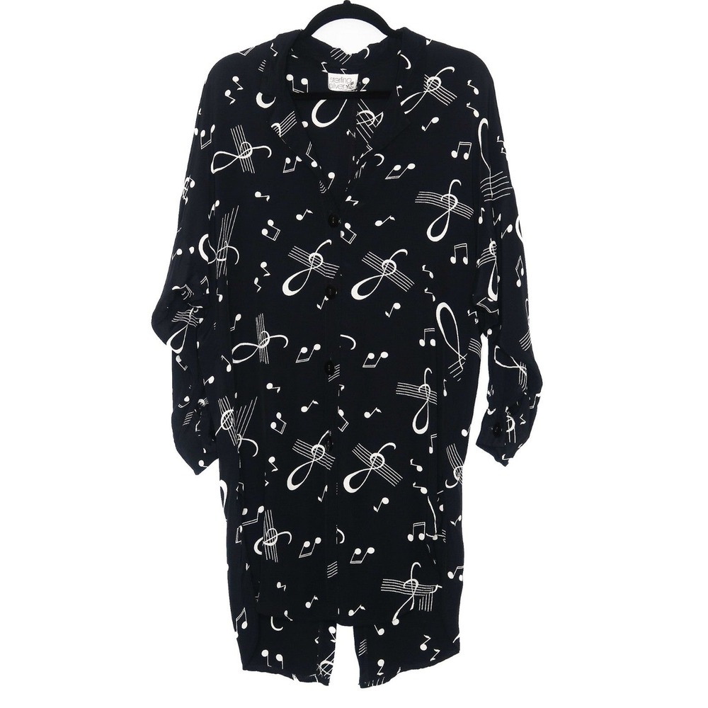 Sterling Silver VTG Womens‎ Button Down Shirt XL Black White Music Teacher Tunic